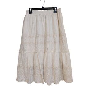 Forgotten Grace Tiered Eyelet Boho Peasant Midi Skirt Cream Size Large